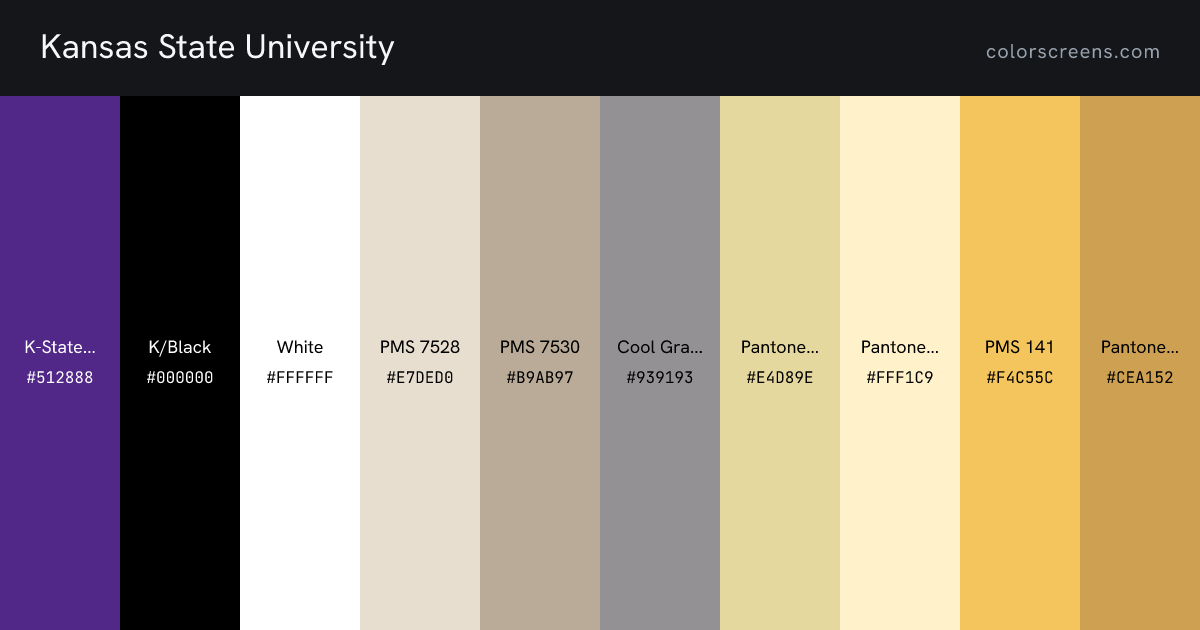 Kansas State University brand colors: K-State Purple #512888, K/Black #000000, White #FFFFFF, PMS 7528 #E7DED0, PMS 7530 #B9AB97, Cool Gray 9 U #939193, Pantone 617 C #E4D89E, Pantone 1205 C #FFF1C9, PMS 141 #F4C55C, Pantone 7407 C #CEA152, ...