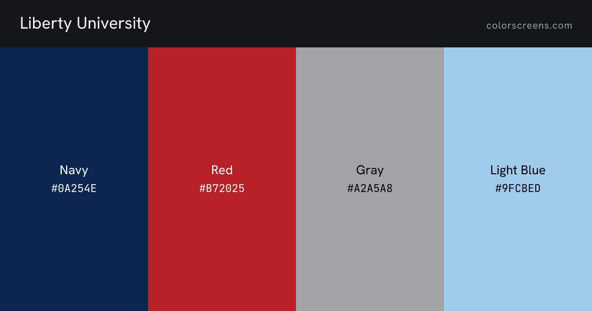 Liberty University brand colors: Navy #0A254E, Red #B72025, Gray #A2A5A8, Light Blue #9FCBED