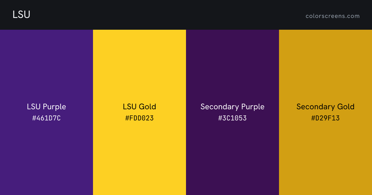 LSU brand colors: LSU Purple #461D7C, LSU Gold #FDD023, Secondary Purple #3C1053, Secondary Gold #D29F13