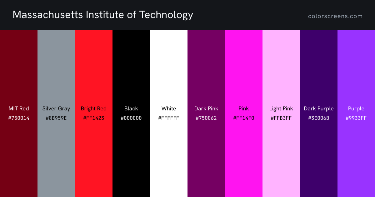 Massachusetts Institute of Technology brand colors: MIT Red #750014, Silver Gray #8B959E, Bright Red #FF1423, Black #000000, White #FFFFFF, Dark Pink #750062, Pink #FF14F0, Light Pink #FFB3FF, Dark Purple #3E006B, Purple #9933FF, ...