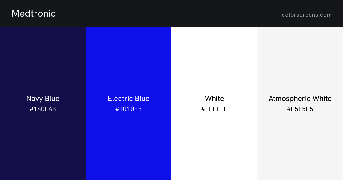 Medtronic brand colors: Navy Blue #140F4B, Electric Blue #1010EB, White #FFFFFF, Atmospheric White #F5F5F5
