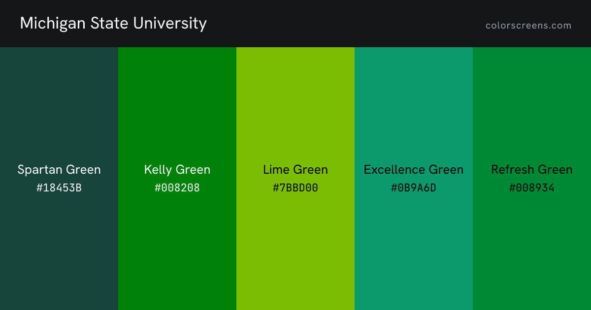Michigan State University brand colors: Spartan Green #18453B, Kelly Green #008208, Lime Green #7BBD00, Excellence Green #0B9A6D, Refresh Green #008934