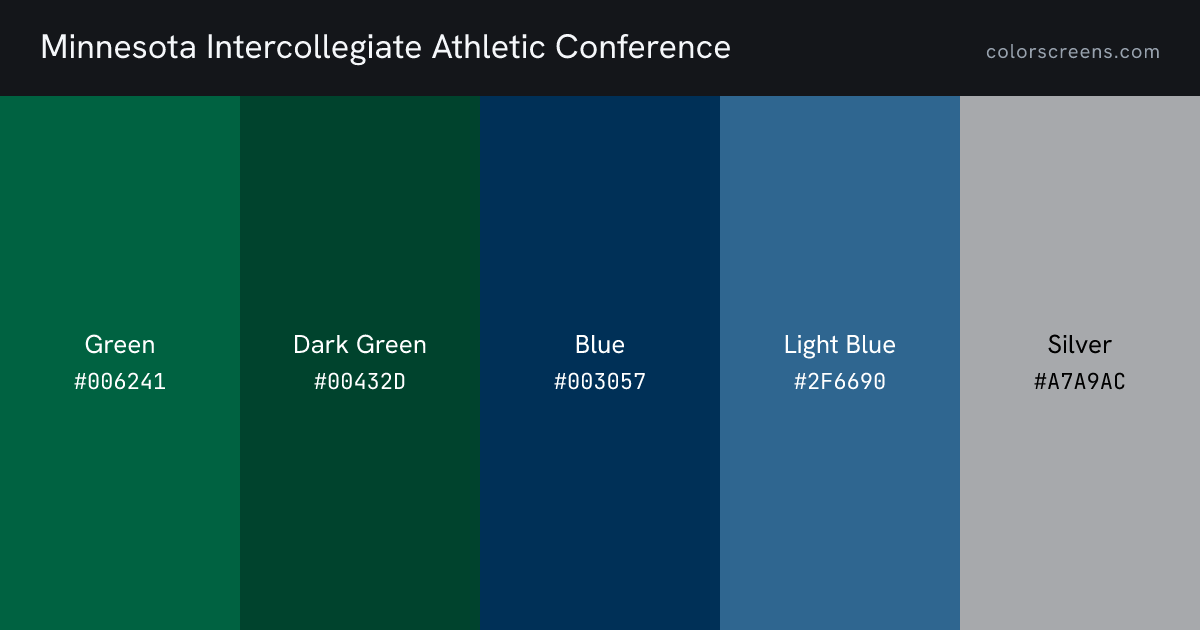 Minnesota Intercollegiate Athletic Conference brand colors: Green #006241, Dark Green #00432D, Blue #003057, Light Blue #2F6690, Silver #A7A9AC