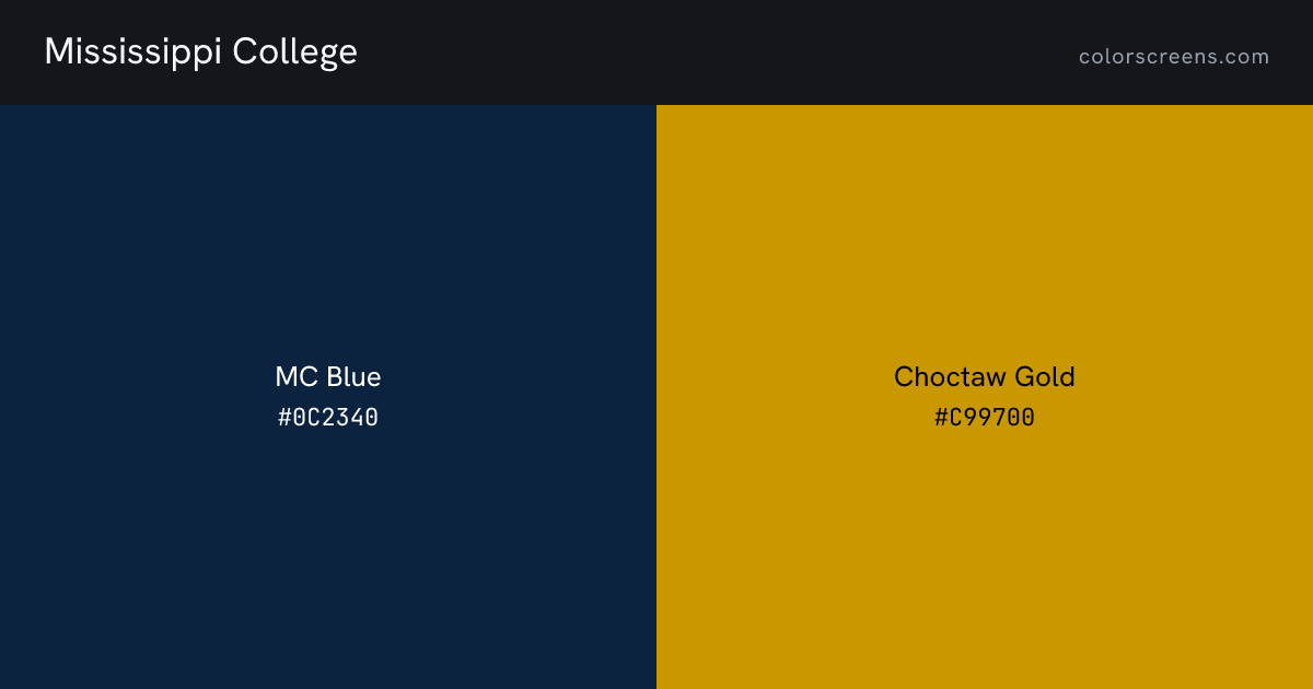 Mississippi College brand colors: MC Blue #0C2340, Choctaw Gold #C99700