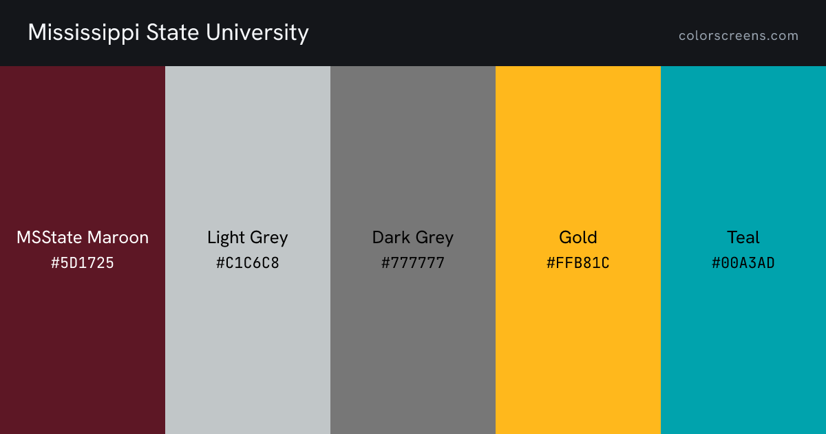 Mississippi State University brand colors: MSState Maroon #5D1725, Light Grey #C1C6C8, Dark Grey #777777, Gold #FFB81C, Teal #00A3AD