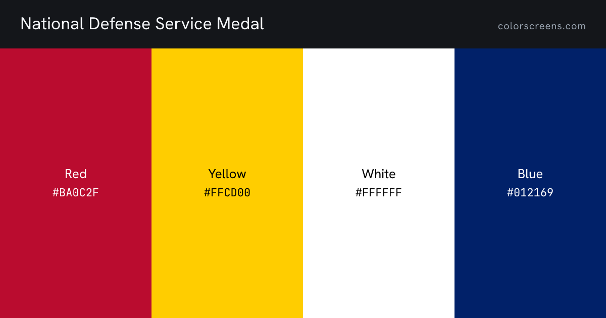National Defense Service Medal ribbon colors: Red #BA0C2F, Yellow #FFCD00, White #FFFFFF, Blue #012169