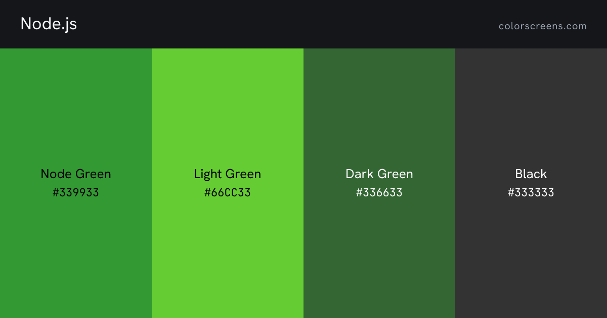 Node.js brand colors: Node Green #339933, Light Green #66CC33, Dark Green #336633, Black #333333