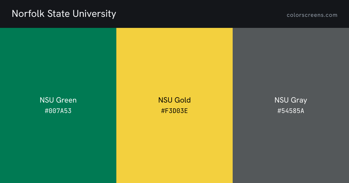 Norfolk State University brand colors: NSU Green #007A53, NSU Gold #F3D03E, NSU Gray #54585A