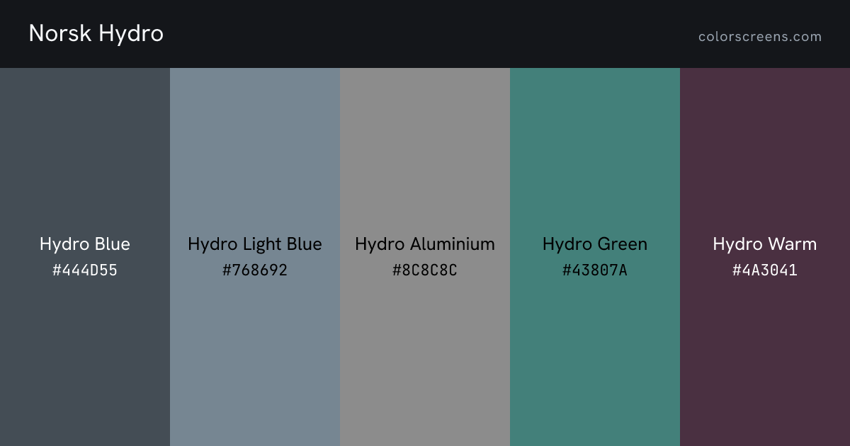 Norsk Hydro brand colors: Hydro Blue #444D55, Hydro Light Blue #768692, Hydro Aluminium #8C8C8C, Hydro Green #43807A, Hydro Warm #4A3041