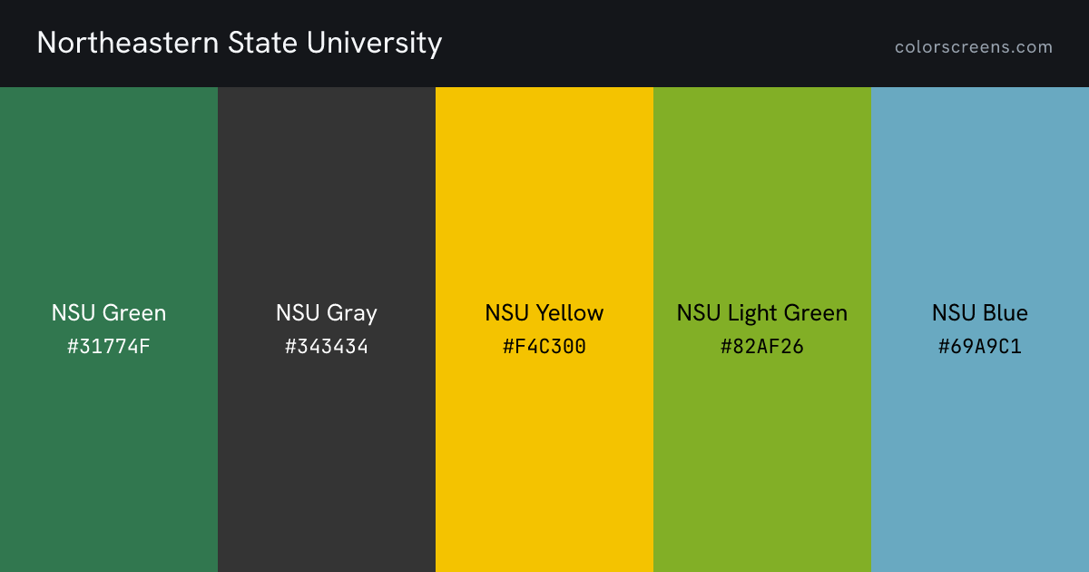 Northeastern State University brand colors: NSU Green #31774F, NSU Gray #343434, NSU Yellow #F4C300, NSU Light Green #82AF26, NSU Blue #69A9C1