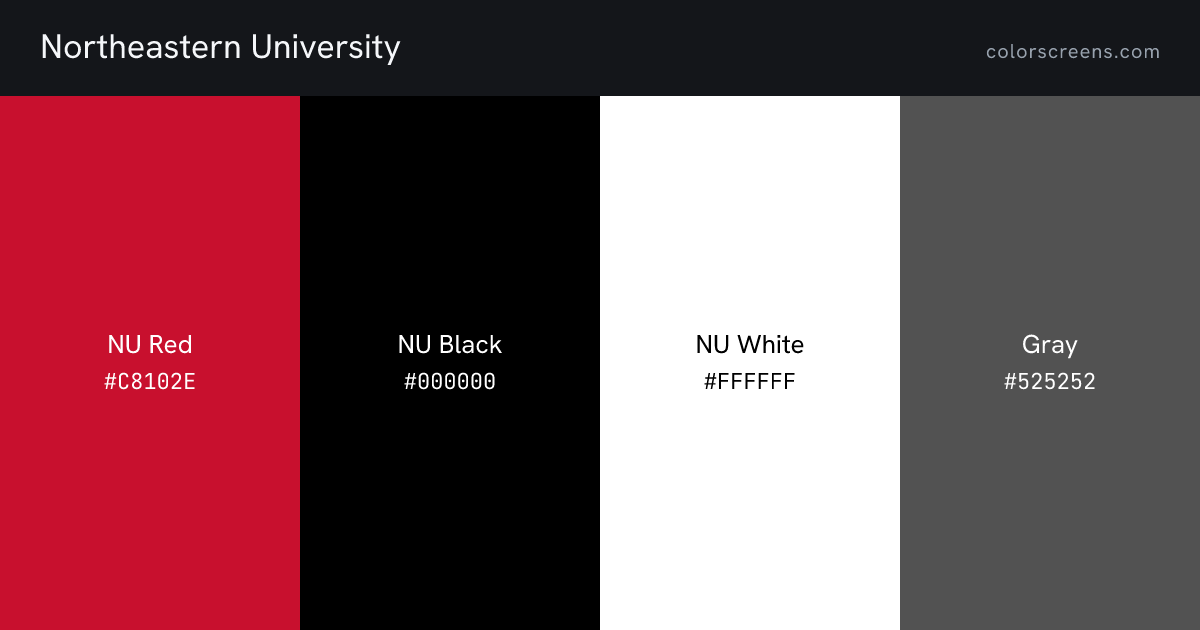 Northeastern University brand colors: NU Red #C8102E, NU Black #000000, NU White #FFFFFF, Gray #525252