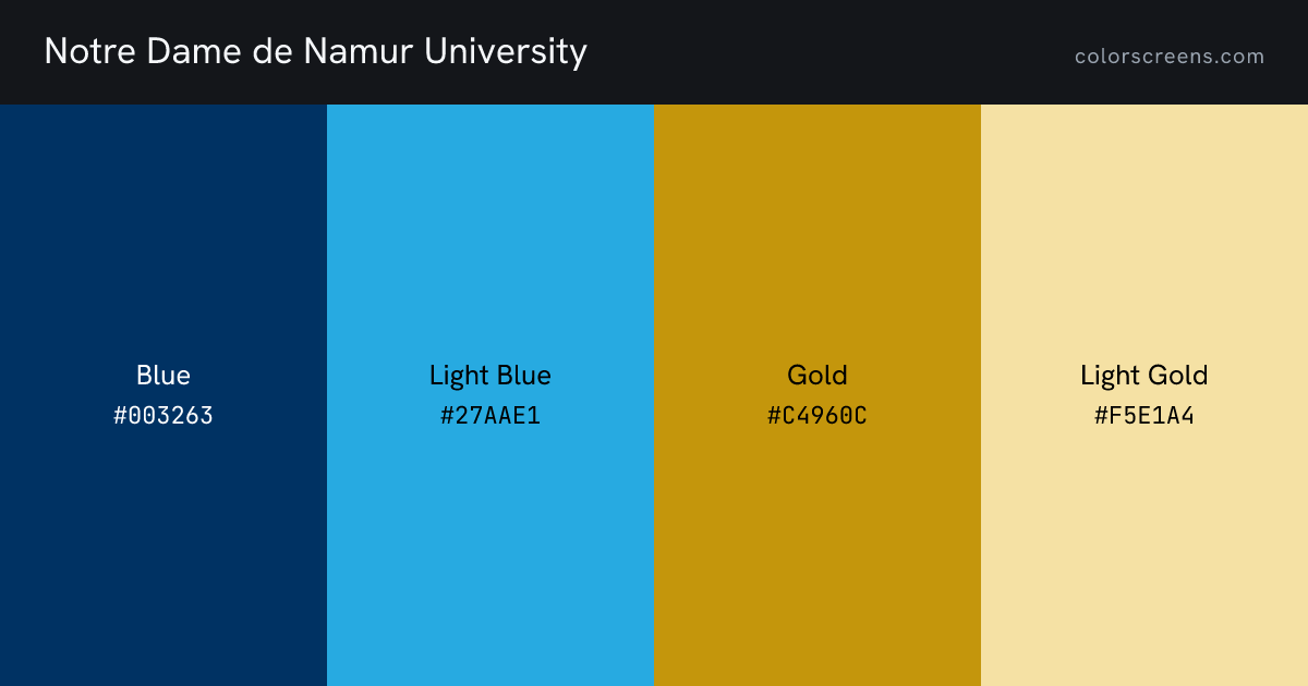 Notre Dame de Namur University brand colors: Blue #003263, Light Blue #27AAE1, Gold #C4960C, Light Gold #F5E1A4