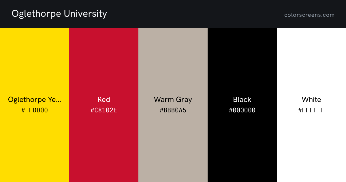 Oglethorpe University brand colors: Oglethorpe Yellow #FFDD00, Red #C8102E, Warm Gray #BBB0A5, Black #000000, White #FFFFFF