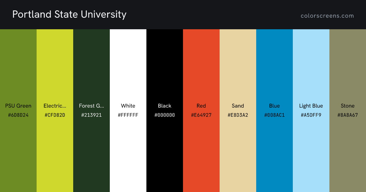 Portland State University brand colors: PSU Green #6D8D24, Electric Green #CFD82D, Forest Green #213921, White #FFFFFF, Black #000000, Red #E64927, Sand #E8D3A2, Blue #008AC1, Light Blue #A5DFF9, Stone #8A8A67, ...
