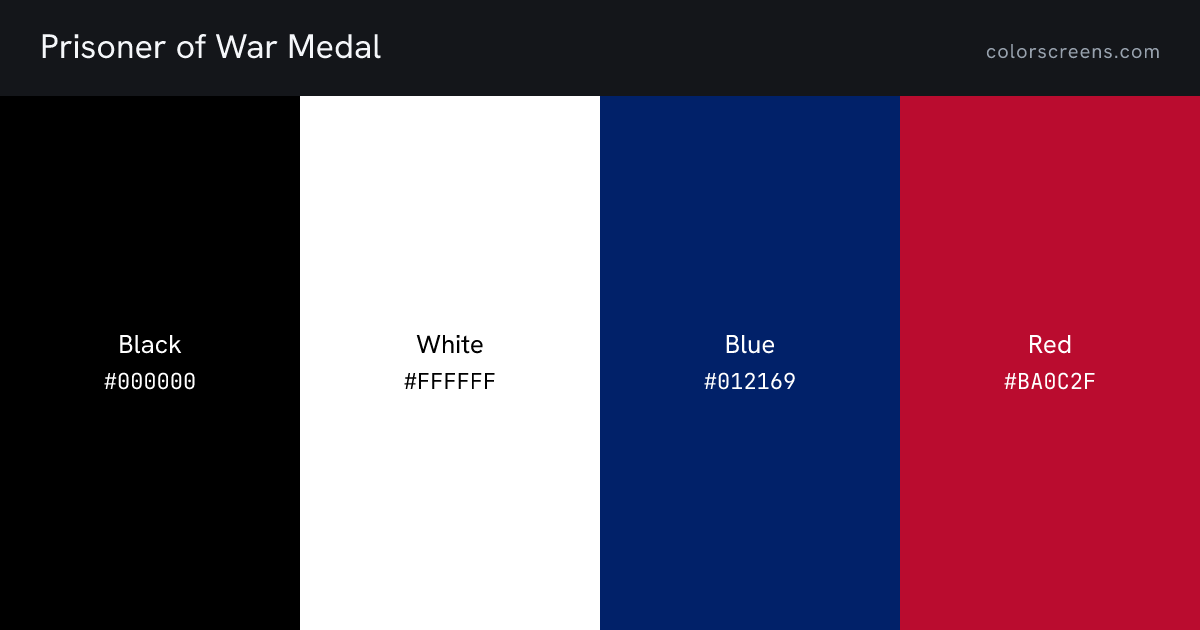 Prisoner of War Medal ribbon colors: Black #000000, White #FFFFFF, Blue #012169, Red #BA0C2F