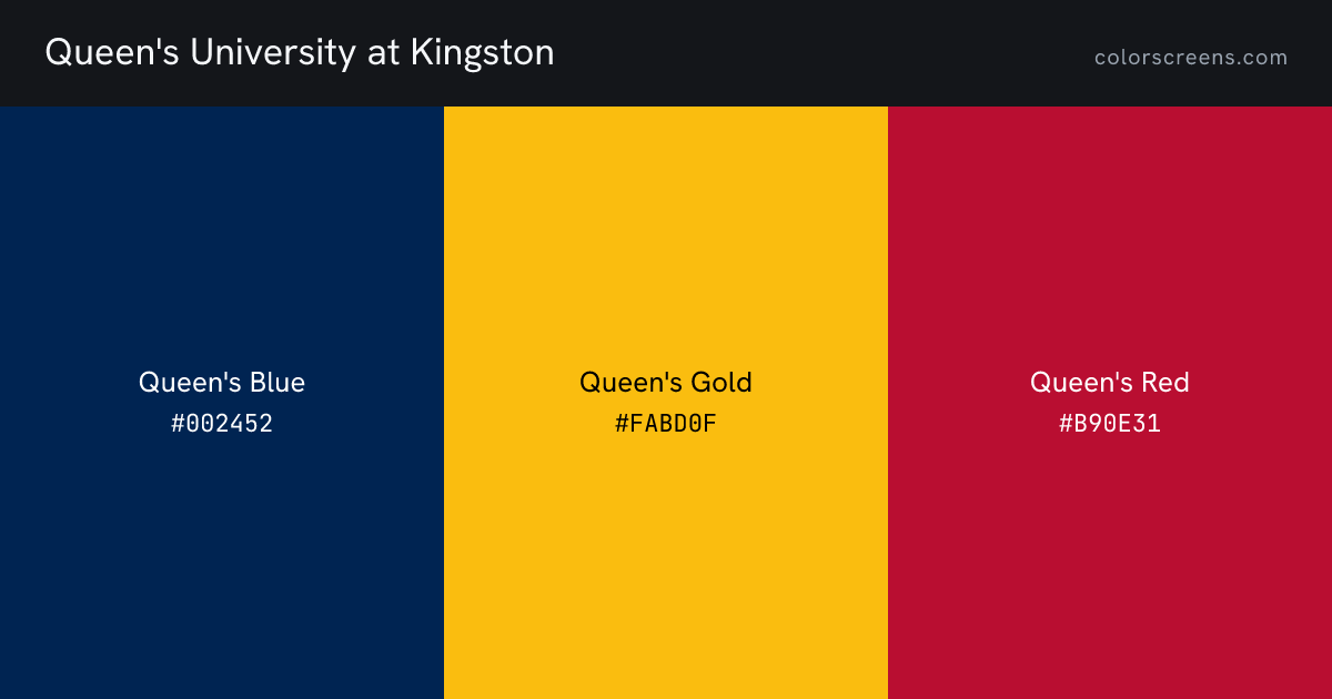 Queen's University at Kingston brand colors: Queen's Blue #002452, Queen's Gold #FABD0F, Queen's Red #B90E31