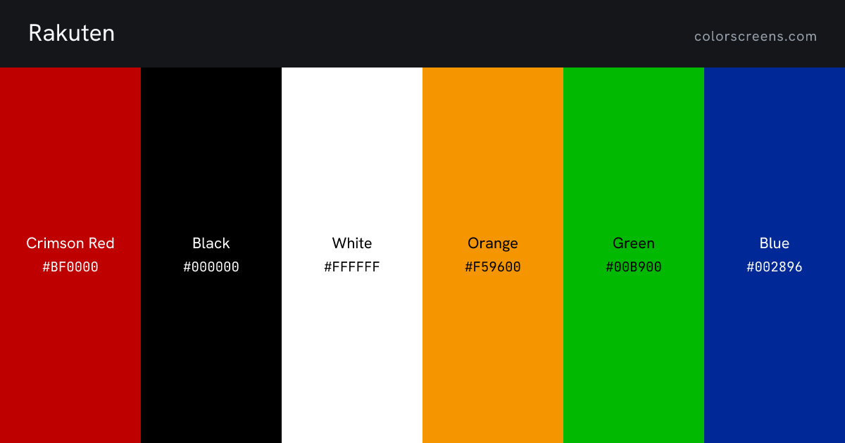 Rakuten brand colors: Crimson Red #BF0000, Black #000000, White #FFFFFF, Orange #F59600, Green #00B900, Blue #002896