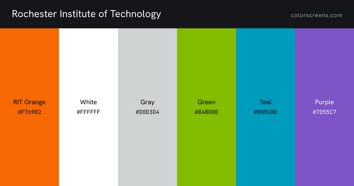 Rochester Institute of Technology brand colors: RIT Orange #F76902, White #FFFFFF, Gray #D0D3D4, Green #84BD00, Teal #009CBD, Purple #7D55C7