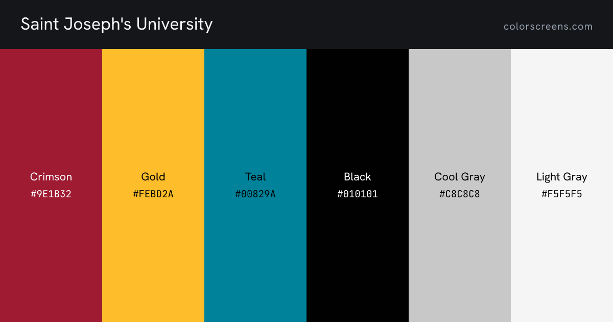 Saint Joseph's University brand colors: Crimson #9E1B32, Gold #FEBD2A, Teal #00829A, Black #010101, Cool Gray #C8C8C8, Light Gray #F5F5F5