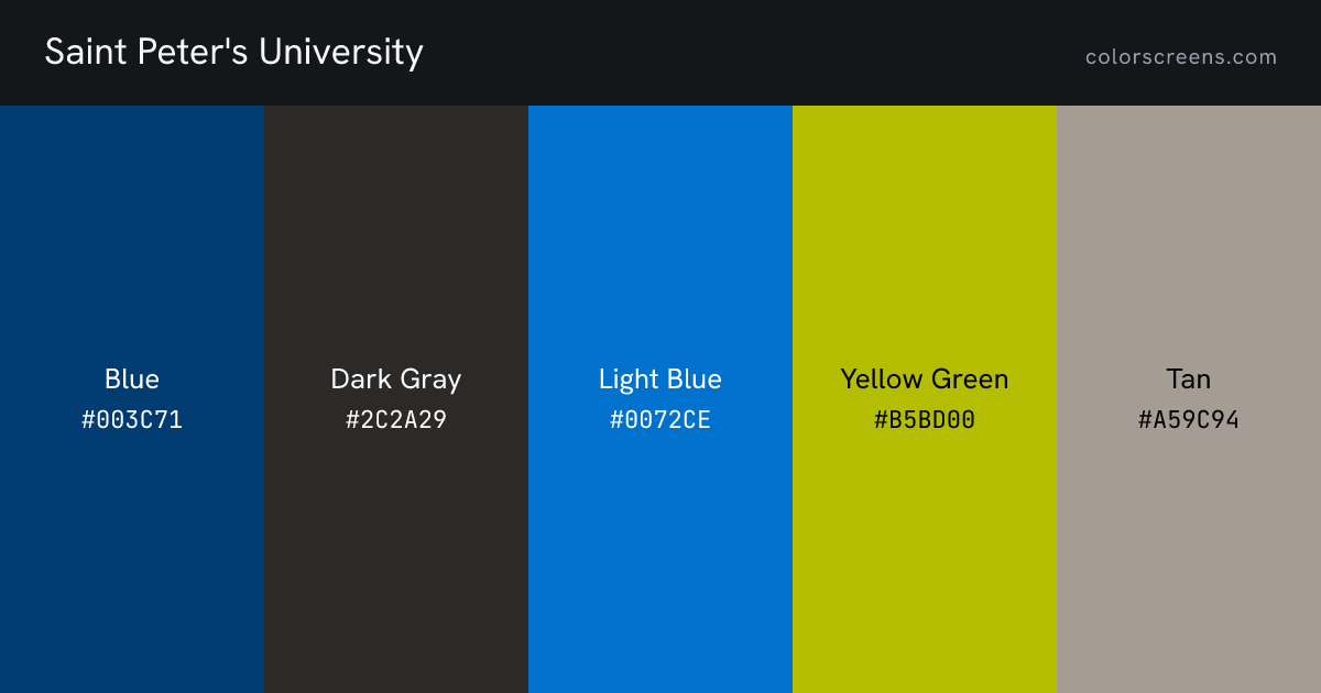 Saint Peter's University brand colors: Blue #003C71, Dark Gray #2C2A29, Light Blue #0072CE, Yellow Green #B5BD00, Tan #A59C94
