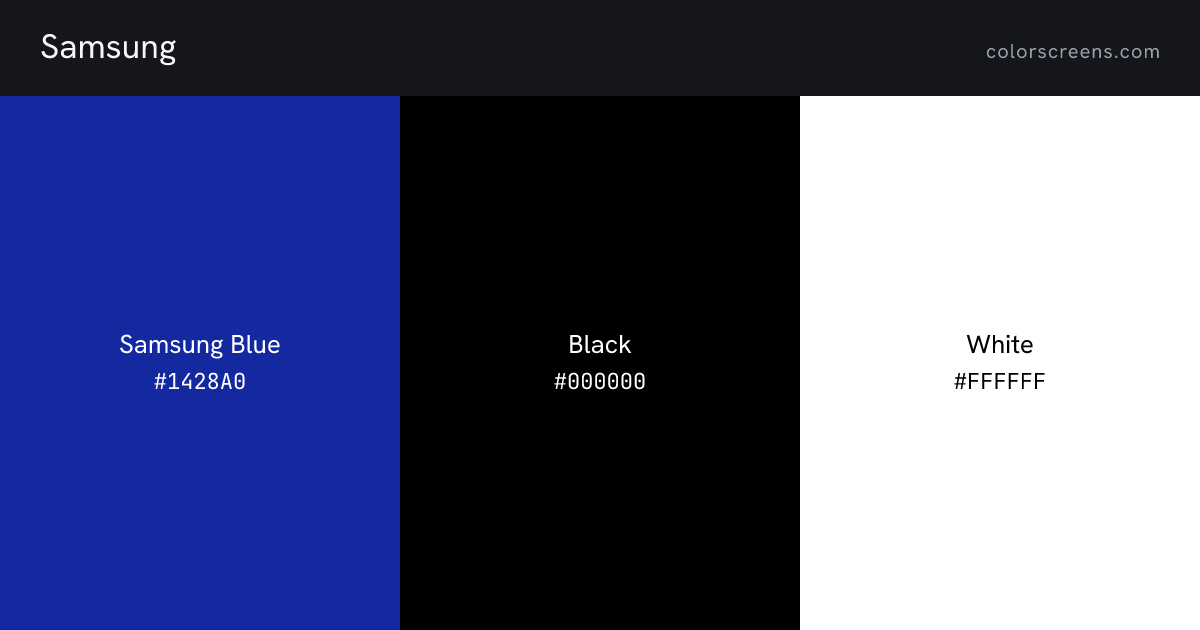 Samsung brand colors: Samsung Blue #1428A0, Black #000000, White #FFFFFF