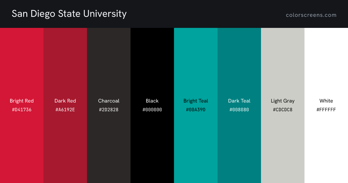 San Diego State University brand colors: Bright Red #D41736, Dark Red #A6192E, Charcoal #2D2828, Black #000000, Bright Teal #00A39D, Dark Teal #008080, Light Gray #CDCDC8, White #FFFFFF