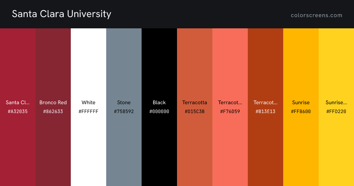 Santa Clara University brand colors: Santa Clara Red #A32035, Bronco Red #862633, White #FFFFFF, Stone #758592, Black #000000, Terracotta #D15C3B, Terracotta Light #F76D59, Terracotta Dark #B13E13, Sunrise #FFB600, Sunrise Light #FFD220, ...