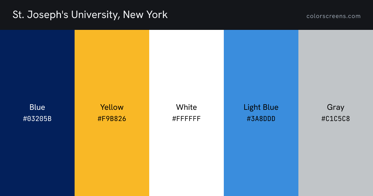 St. Joseph's University, New York brand colors: Blue #03205B, Yellow #F9B826, White #FFFFFF, Light Blue #3A8DDD, Gray #C1C5C8