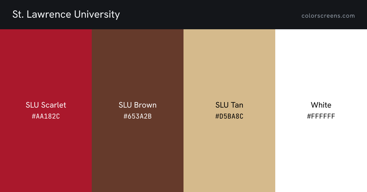 St. Lawrence University brand colors: SLU Scarlet #AA182C, SLU Brown #653A2B, SLU Tan #D5BA8C, White #FFFFFF