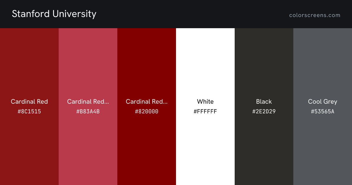 Stanford University brand colors: Cardinal Red #8C1515, Cardinal Red Light #B83A4B, Cardinal Red Dark #820000, White #FFFFFF, Black #2E2D29, Cool Grey #53565A