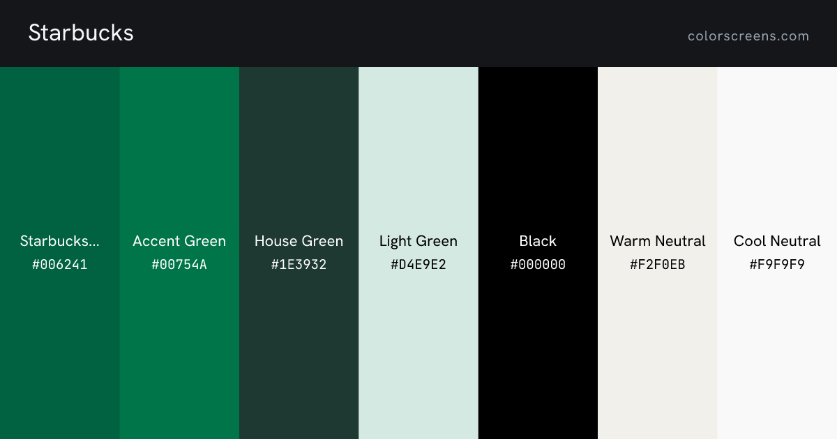 Starbucks brand colors: Starbucks Green #006241, Accent Green #00754A, House Green #1E3932, Light Green #D4E9E2, Black #000000, Warm Neutral #F2F0EB, Cool Neutral #F9F9F9