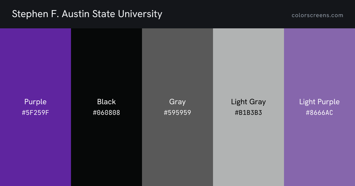 Stephen F. Austin State University brand colors: Purple #5F259F, Black #060808, Gray #595959, Light Gray #B1B3B3, Light Purple #8666AC