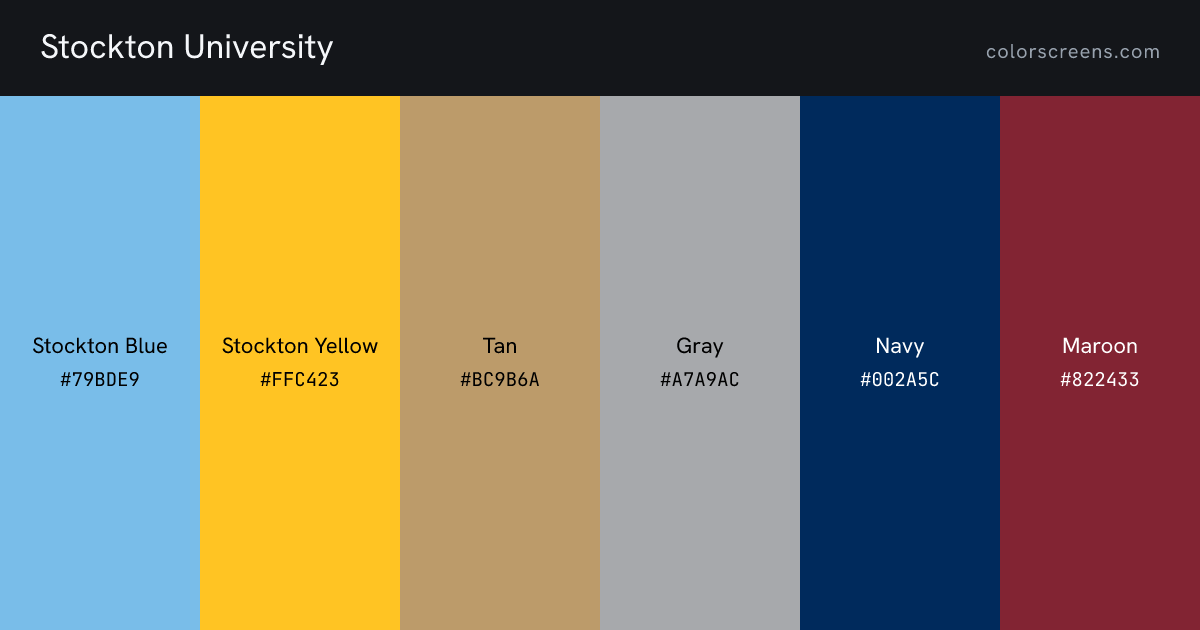 Stockton University brand colors: Stockton Blue #79BDE9, Stockton Yellow #FFC423, Tan #BC9B6A, Gray #A7A9AC, Navy #002A5C, Maroon #822433