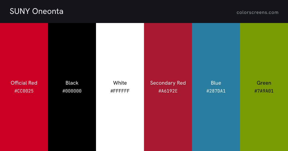 SUNY Oneonta brand colors: Official Red #CC0025, Black #000000, White #FFFFFF, Secondary Red #A6192E, Blue #287DA1, Green #7A9A01