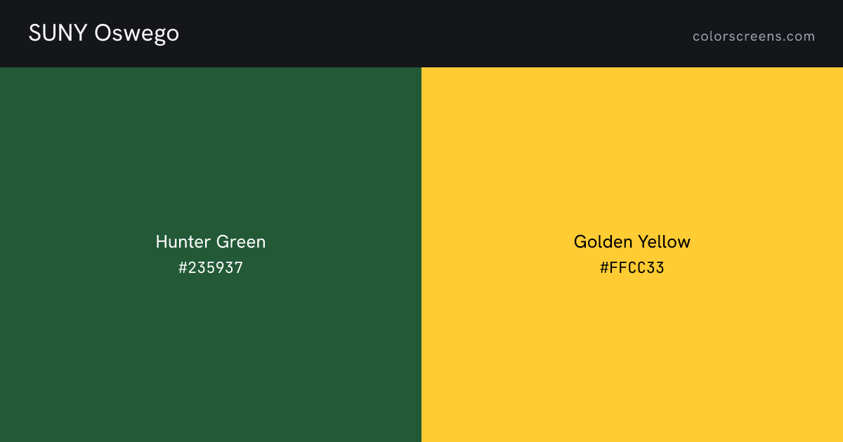 SUNY Oswego brand colors: Hunter Green #235937, Golden Yellow #FFCC33