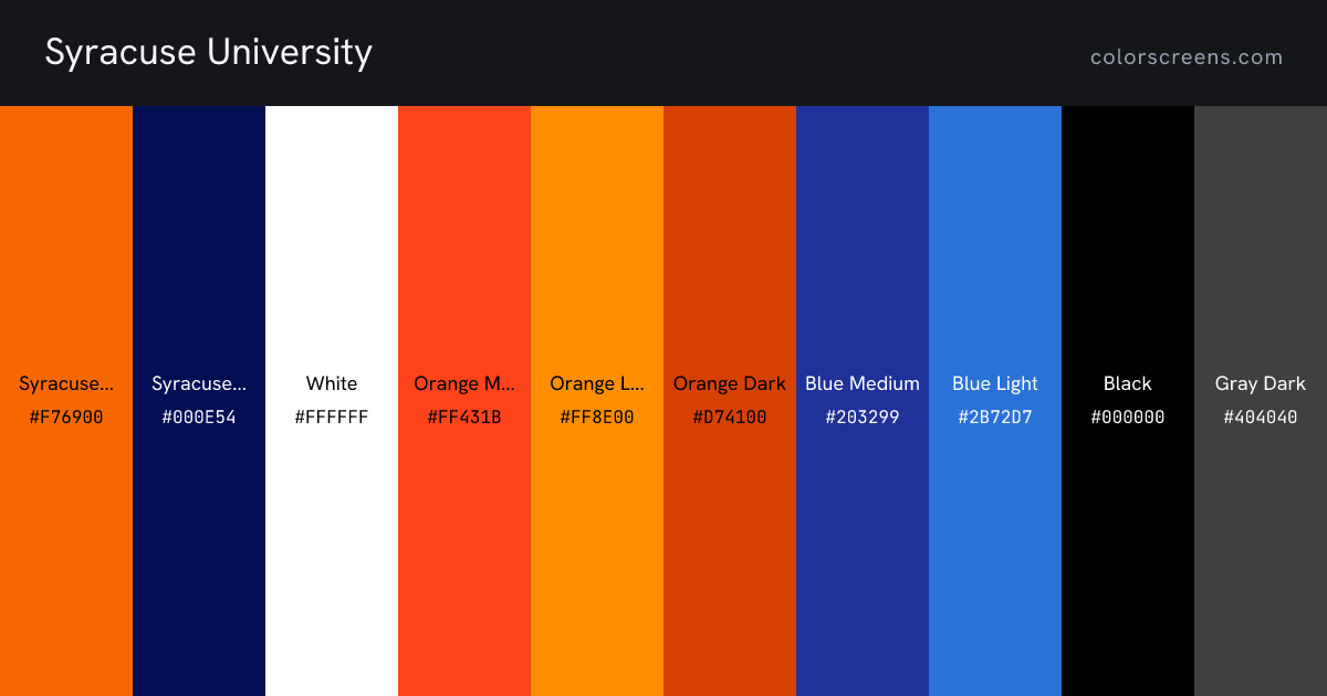 Syracuse University brand colors: Syracuse Orange #F76900, Syracuse Blue #000E54, White #FFFFFF, Orange Medium #FF431B, Orange Light #FF8E00, Orange Dark #D74100, Blue Medium #203299, Blue Light #2B72D7, Black #000000, Gray Dark #404040, ...