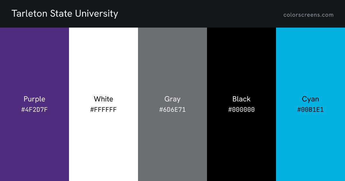 Tarleton State University brand colors: Purple #4F2D7F, White #FFFFFF, Gray #6D6E71, Black #000000, Cyan #00B1E1