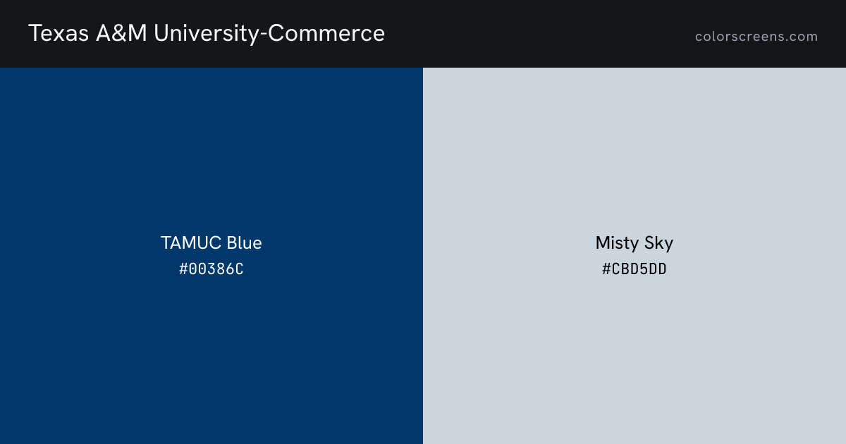 Texas A&M University-Commerce brand colors: TAMUC Blue #00386C, Misty Sky #CBD5DD