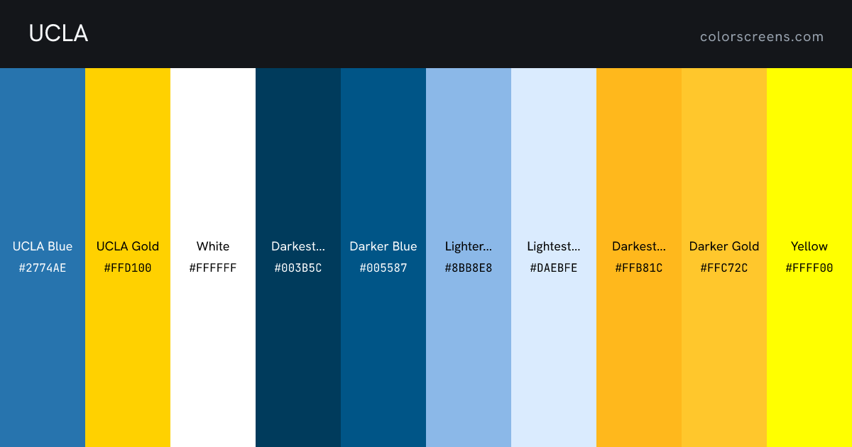 UCLA brand colors: UCLA Blue #2774AE, UCLA Gold #FFD100, White #FFFFFF, Darkest Blue #003B5C, Darker Blue #005587, Lighter Blue #8BB8E8, Lightest Blue #DAEBFE, Darkest Gold #FFB81C, Darker Gold #FFC72C, Yellow #FFFF00, ...