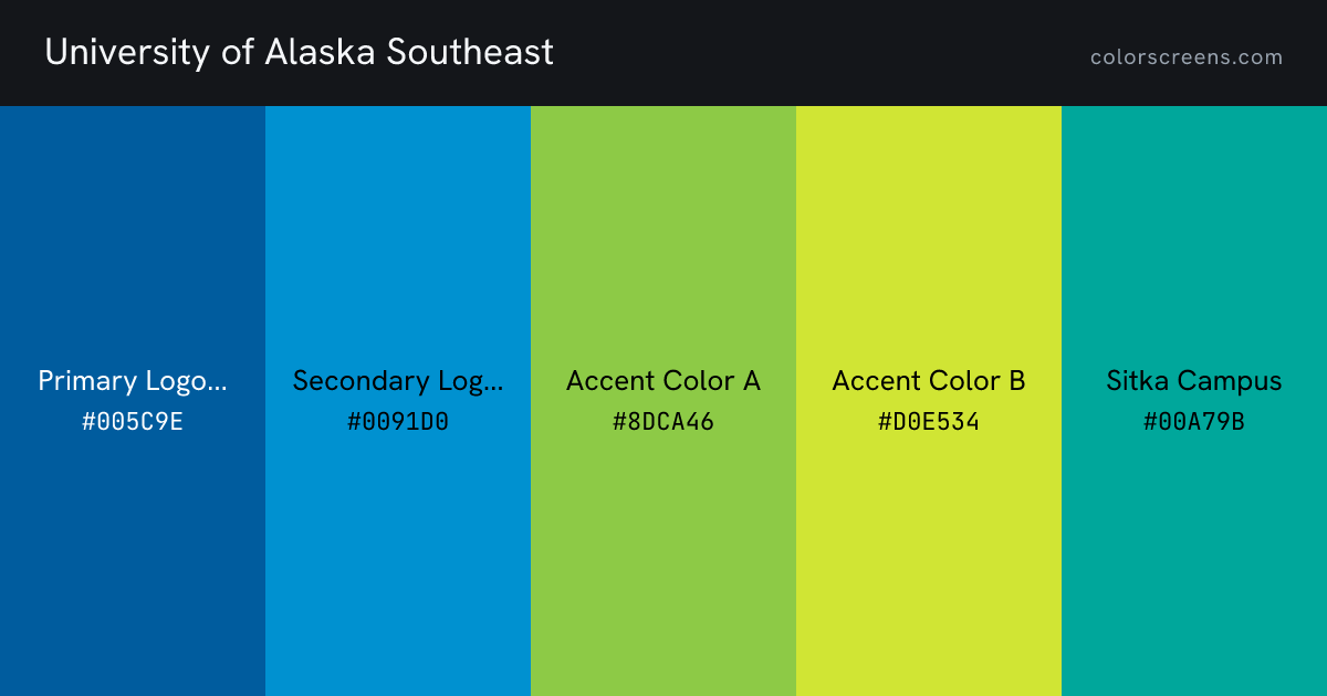University of Alaska Southeast brand colors: Primary Logo Blue #005C9E, Secondary Logo Blue #0091D0, Accent Color A #8DCA46, Accent Color B #D0E534, Sitka Campus #00A79B