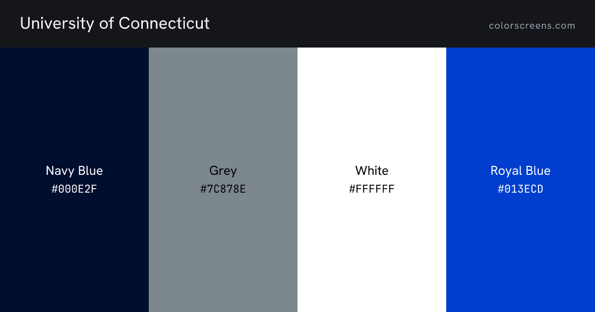 University of Connecticut brand colors: Navy Blue #000E2F, Grey #7C878E, White #FFFFFF, Royal Blue #013ECD