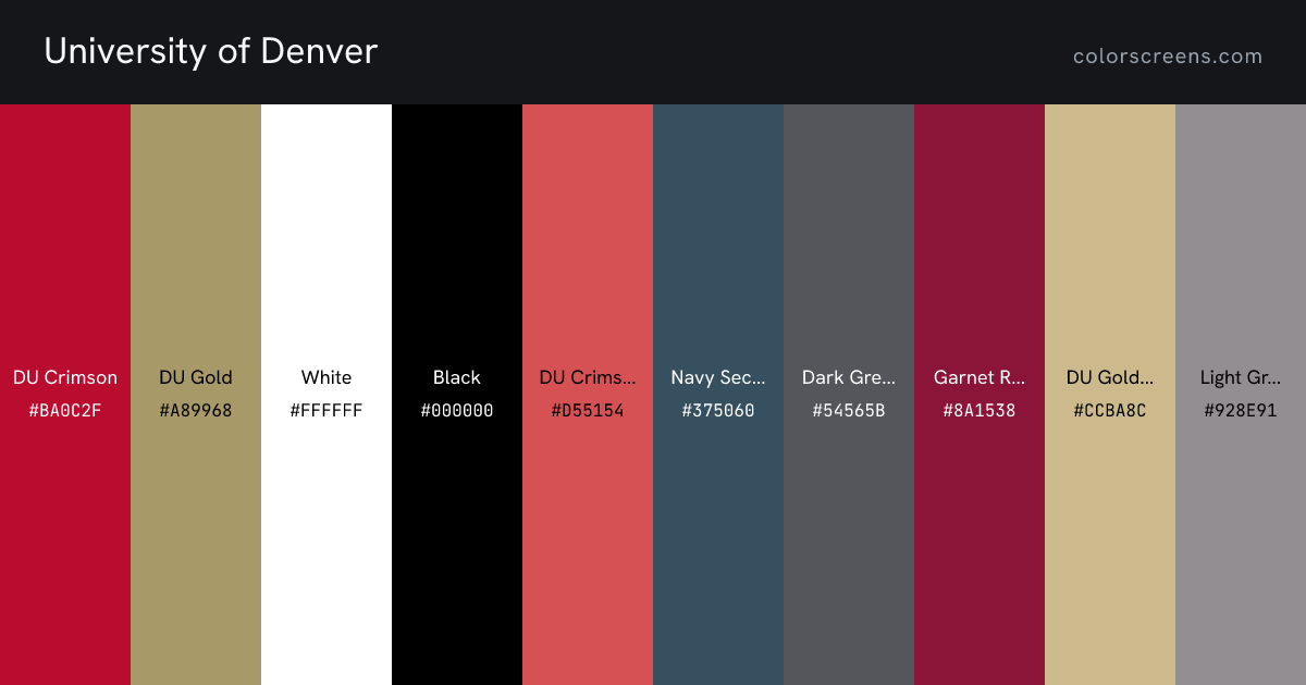 University of Denver brand colors: DU Crimson #BA0C2F, DU Gold #A89968, White #FFFFFF, Black #000000, DU Crimson Secondary #D55154, Navy Secondary #375060, Dark Grey Secondary #54565B, Garnet Red Secondary #8A1538, DU Gold Tint #CCBA8C, Light Grey Tint #928E91, ...
