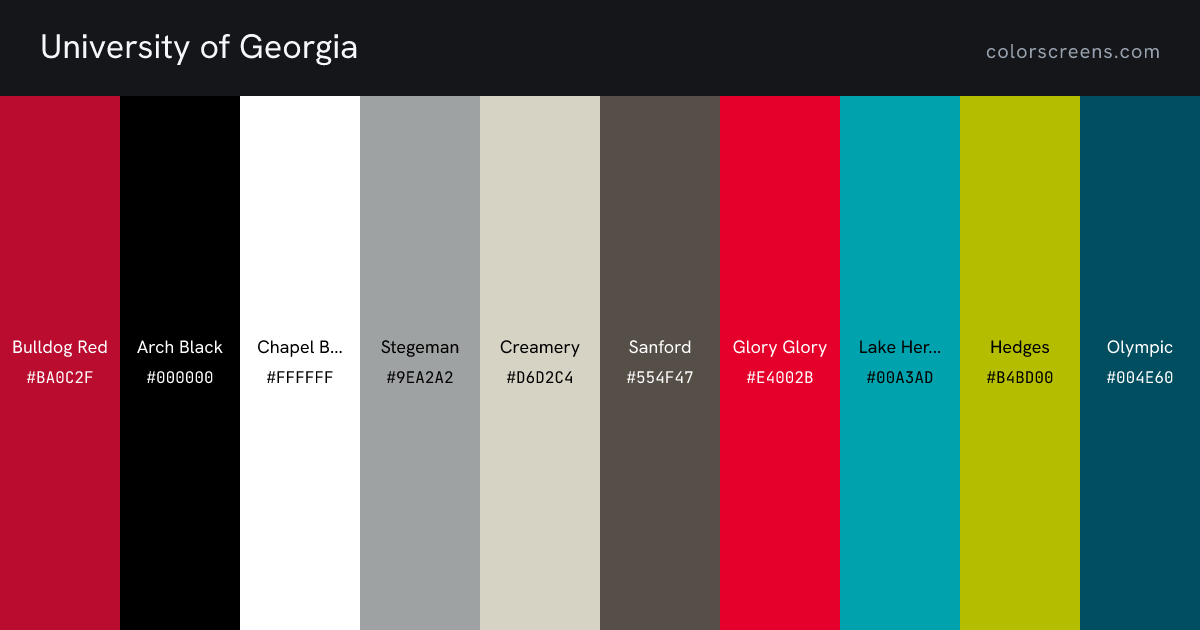 University of Georgia brand colors: Bulldog Red #BA0C2F, Arch Black #000000, Chapel Bell White #FFFFFF, Stegeman #9EA2A2, Creamery #D6D2C4, Sanford #554F47, Glory Glory #E4002B, Lake Herrick #00A3AD, Hedges #B4BD00, Olympic #004E60, ...