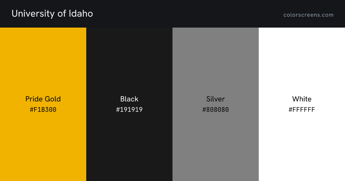 University of Idaho brand colors: Pride Gold #F1B300, Black #191919, Silver #808080, White #FFFFFF
