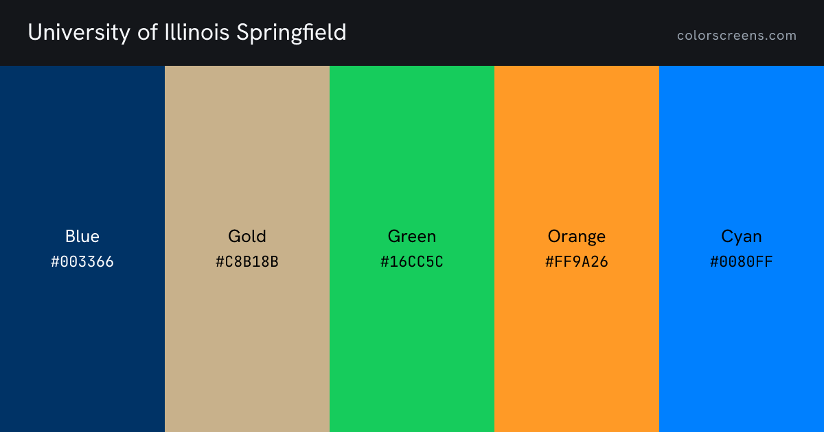 University of Illinois Springfield brand colors: Blue #003366, Gold #C8B18B, Green #16CC5C, Orange #FF9A26, Cyan #0080FF