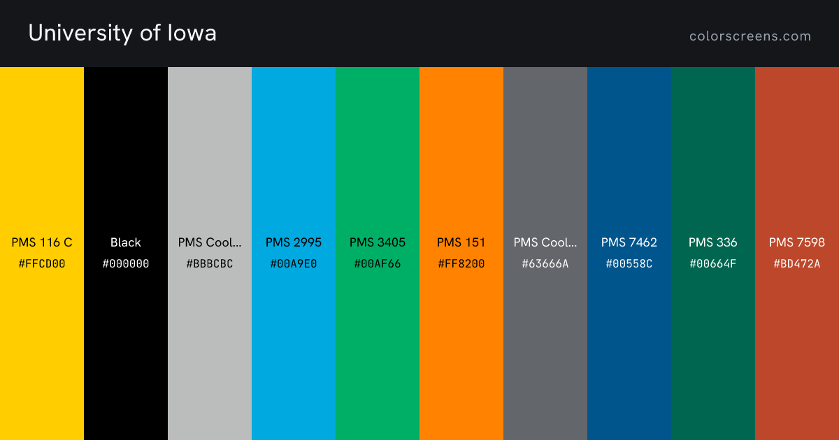 University of Iowa brand colors: PMS 116 C #FFCD00, Black #000000, PMS Cool Gray 4 #BBBCBC, PMS 2995 #00A9E0, PMS 3405 #00AF66, PMS 151 #FF8200, PMS Cool Gray 10 #63666A, PMS 7462 #00558C, PMS 336 #00664F, PMS 7598 #BD472A