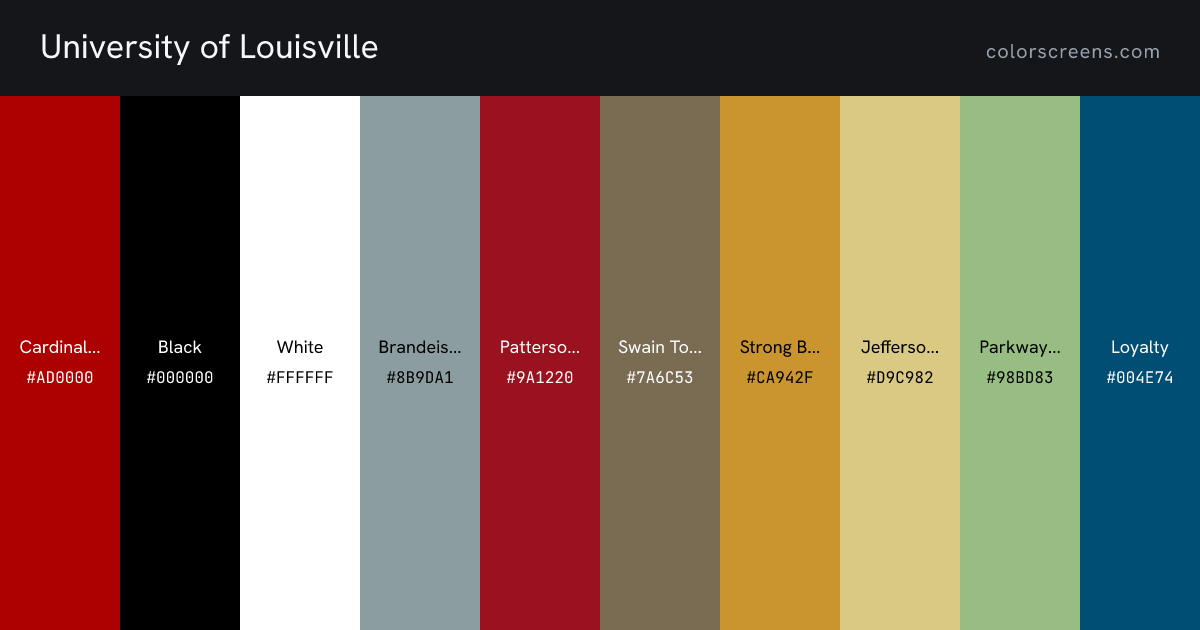 University of Louisville brand colors: Cardinal Red #AD0000, Black #000000, White #FFFFFF, Brandeis Ash #8B9DA1, Patterson Red #9A1220, Swain Tobacco #7A6C53, Strong Bronze #CA942F, Jefferson Parchment #D9C982, Parkway Field Laurel #98BD83, Loyalty #004E74, ...