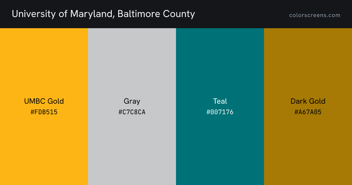 University of Maryland, Baltimore County brand colors: UMBC Gold #FDB515, Gray #C7C8CA, Teal #007176, Dark Gold #A67A05