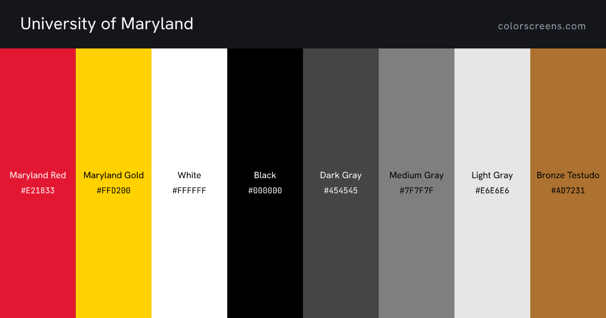 University of Maryland brand colors: Maryland Red #E21833, Maryland Gold #FFD200, White #FFFFFF, Black #000000, Dark Gray #454545, Medium Gray #7F7F7F, Light Gray #E6E6E6, Bronze Testudo #AD7231