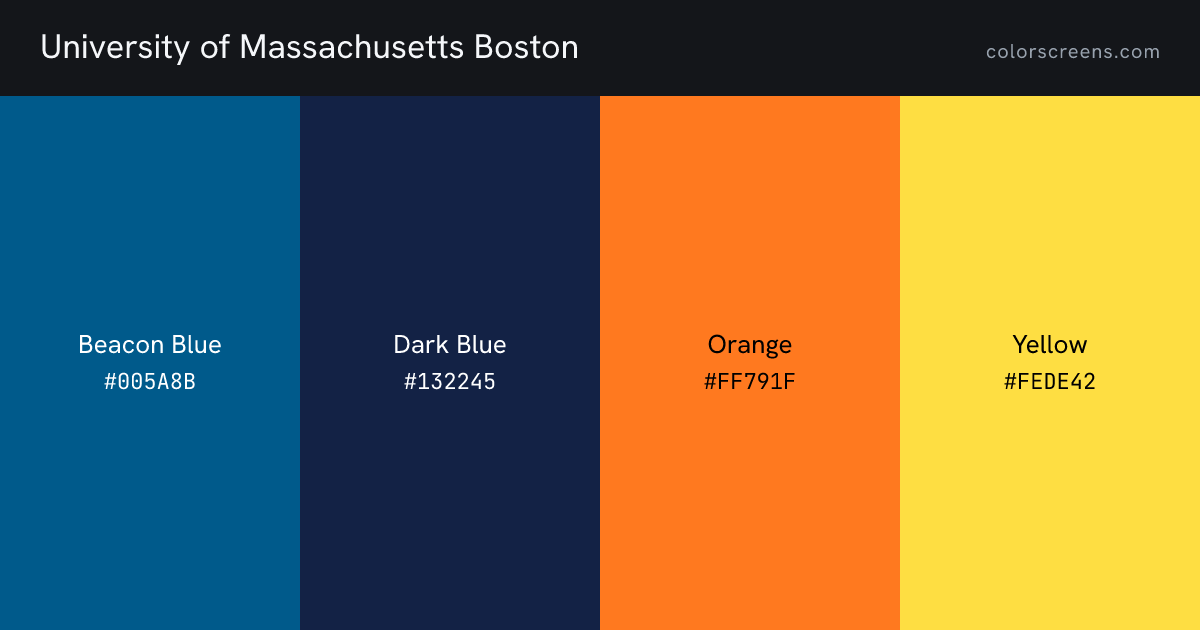 University of Massachusetts Boston brand colors: Beacon Blue #005A8B, Dark Blue #132245, Orange #FF791F, Yellow #FEDE42